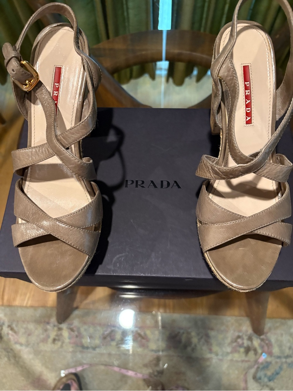 Prada Taupe Strappy Leather Slingback Heels